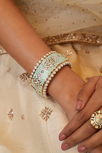 Gold Finish Kundan Polki & Mint Stone Bangles (Set Of 2)