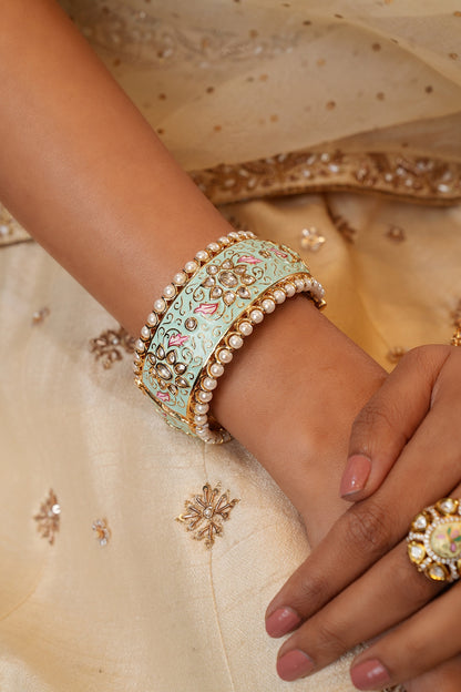 Gold Finish Kundan Polki & Mint Stone Bangles (Set Of 2)