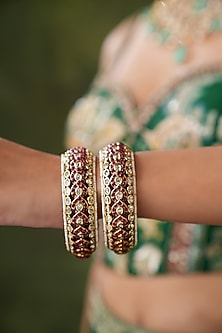 Gold Finish Kundan Polki & Red Stone Bangles (Set Of 2)