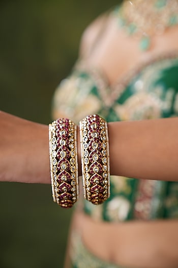 Gold Finish Kundan Polki & Red Stone Bangles (Set Of 2)