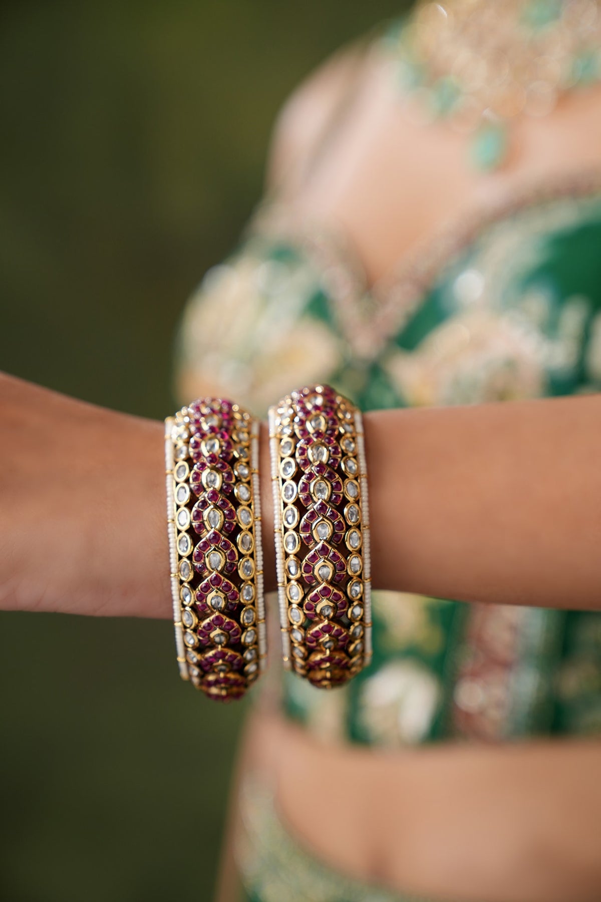 Gold Finish Kundan Polki & Red Stone Bangles (Set Of 2)