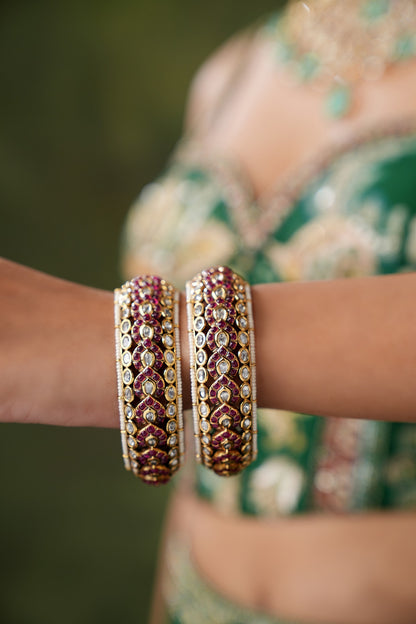 Gold Finish Kundan Polki & Red Stone Bangles (Set Of 2)