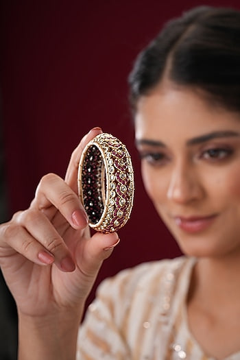 Gold Finish Kundan Polki & Red Stone Bangles (Set Of 2)