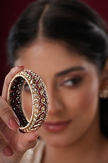 Gold Finish Kundan Polki & Red Stone Bangles (Set Of 2)