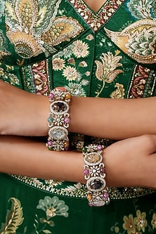 Gold Finish Navratna Stone Bangles (Set Of 2)