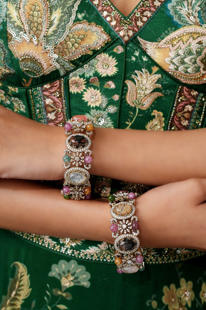 Gold Finish Navratna Stone Bangles (Set Of 2)