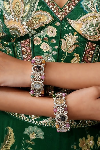 Gold Finish Navratna Stone Bangles (Set Of 2)