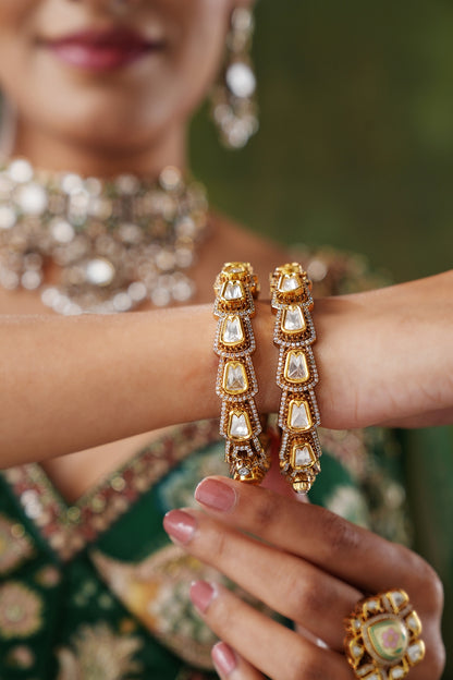 Gold Finish Kundan Polki Bangles (Set Of 2)