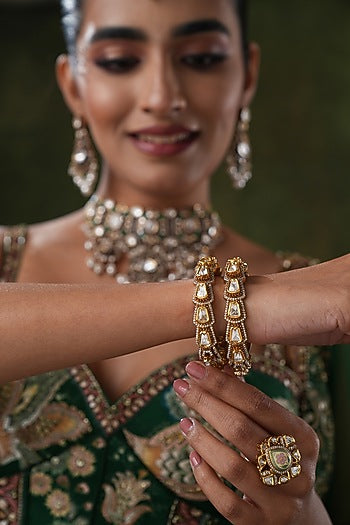 Gold Finish Kundan Polki Bangles (Set Of 2)