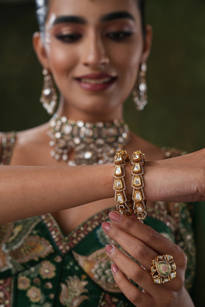 Gold Finish Kundan Polki Bangles (Set Of 2)