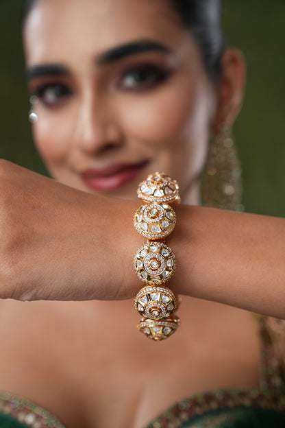 Gold Finish Kundan Polki & Pearl Bangles (Set Of 2)
