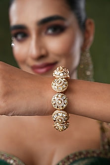 Gold Finish Kundan Polki & Pearl Bangles (Set Of 2)