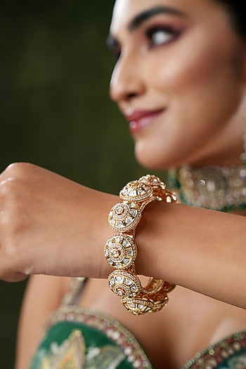 Gold Finish Kundan Polki & Pearl Bangles (Set Of 2)