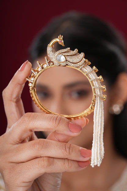 Gold Finish Kundan Polki & Pearl Peacock Bangles (Set Of 2)
