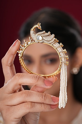 Gold Finish Kundan Polki & Pearl Peacock Bangles (Set Of 2)
