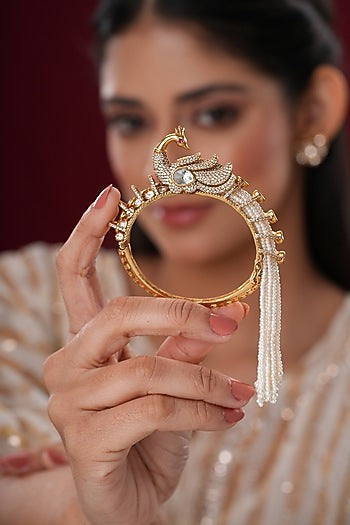 Gold Finish Kundan Polki & Pearl Peacock Bangles (Set Of 2)