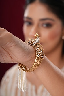 Gold Finish Kundan Polki & Pearl Peacock Bangles (Set Of 2)