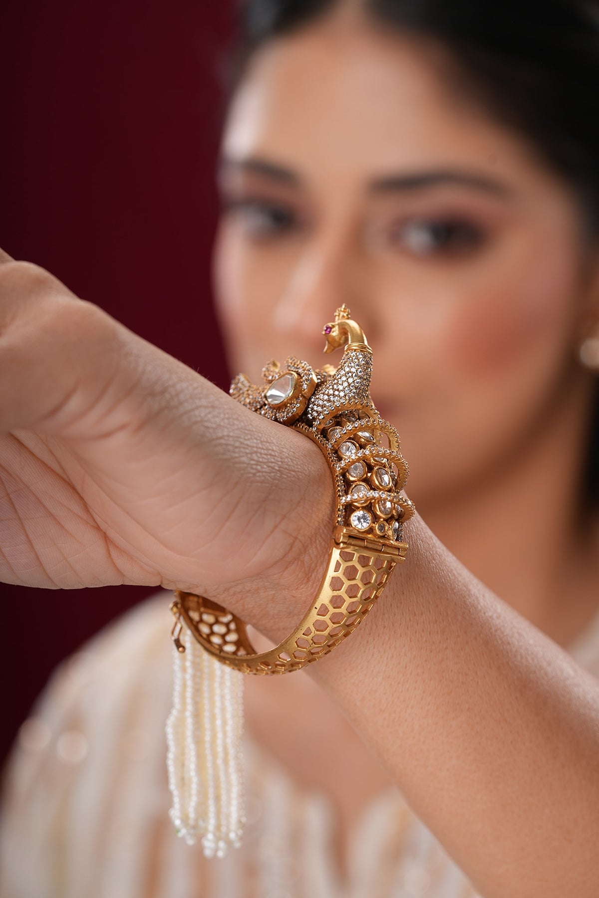 Gold Finish Kundan Polki & Pearl Peacock Bangles (Set Of 2)