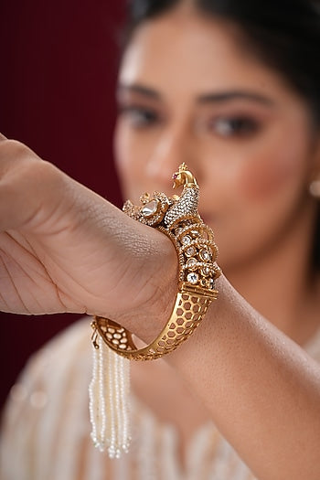 Gold Finish Kundan Polki & Pearl Peacock Bangles (Set Of 2)