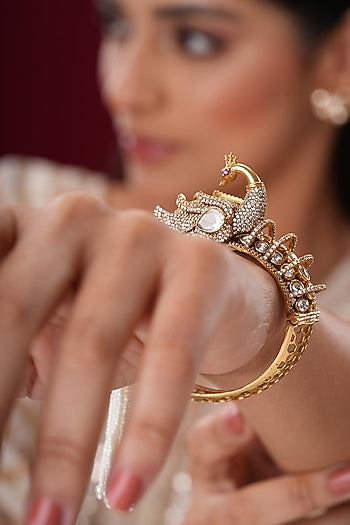 Gold Finish Kundan Polki & Pearl Peacock Bangles (Set Of 2)