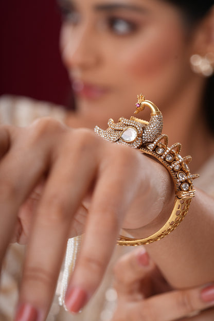 Gold Finish Kundan Polki & Pearl Peacock Bangles (Set Of 2)