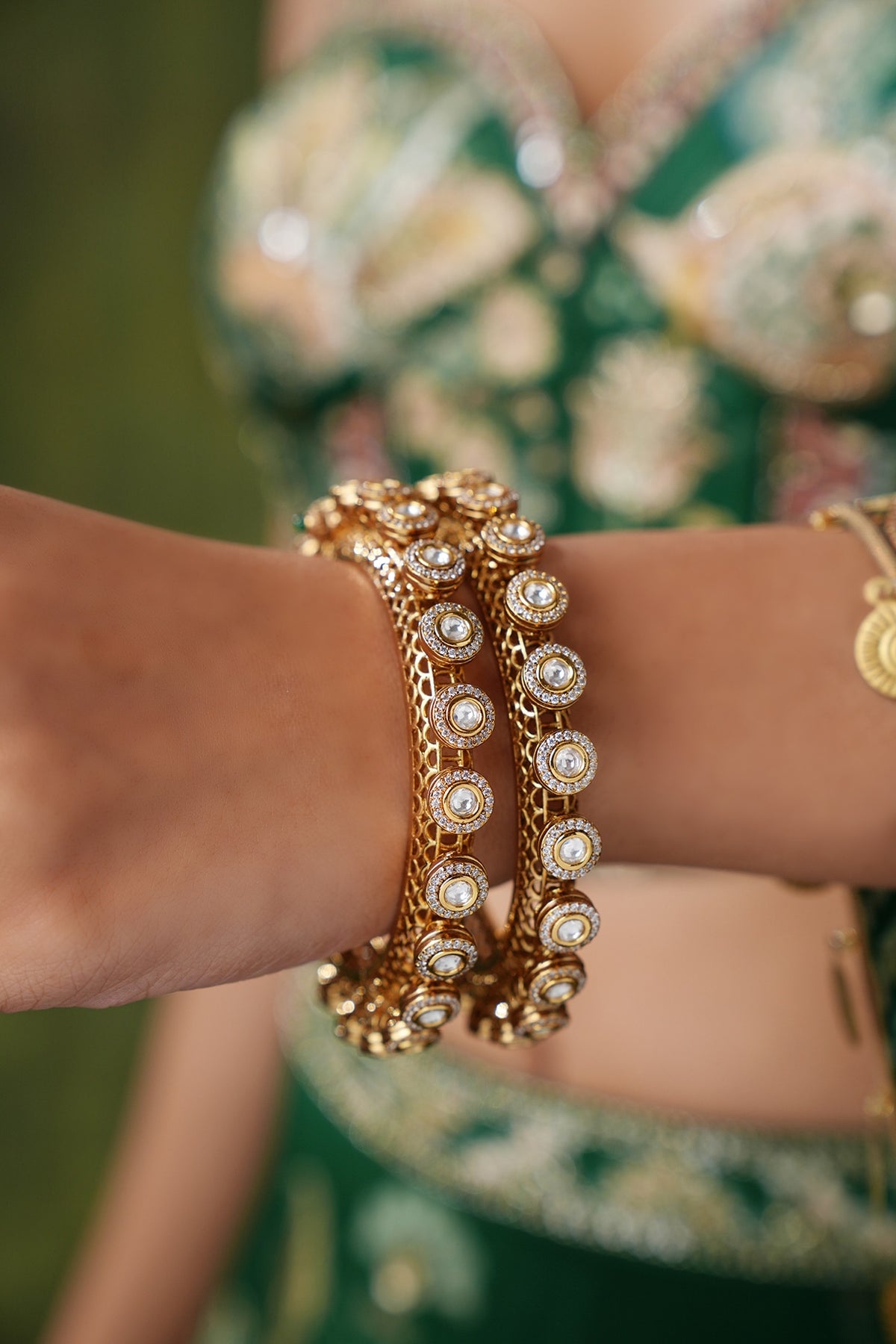 Gold Finish Kundan Polki & Pearl Bangles (Set Of 2)