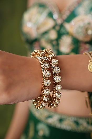 Gold Finish Kundan Polki & Pearl Bangles (Set Of 2)