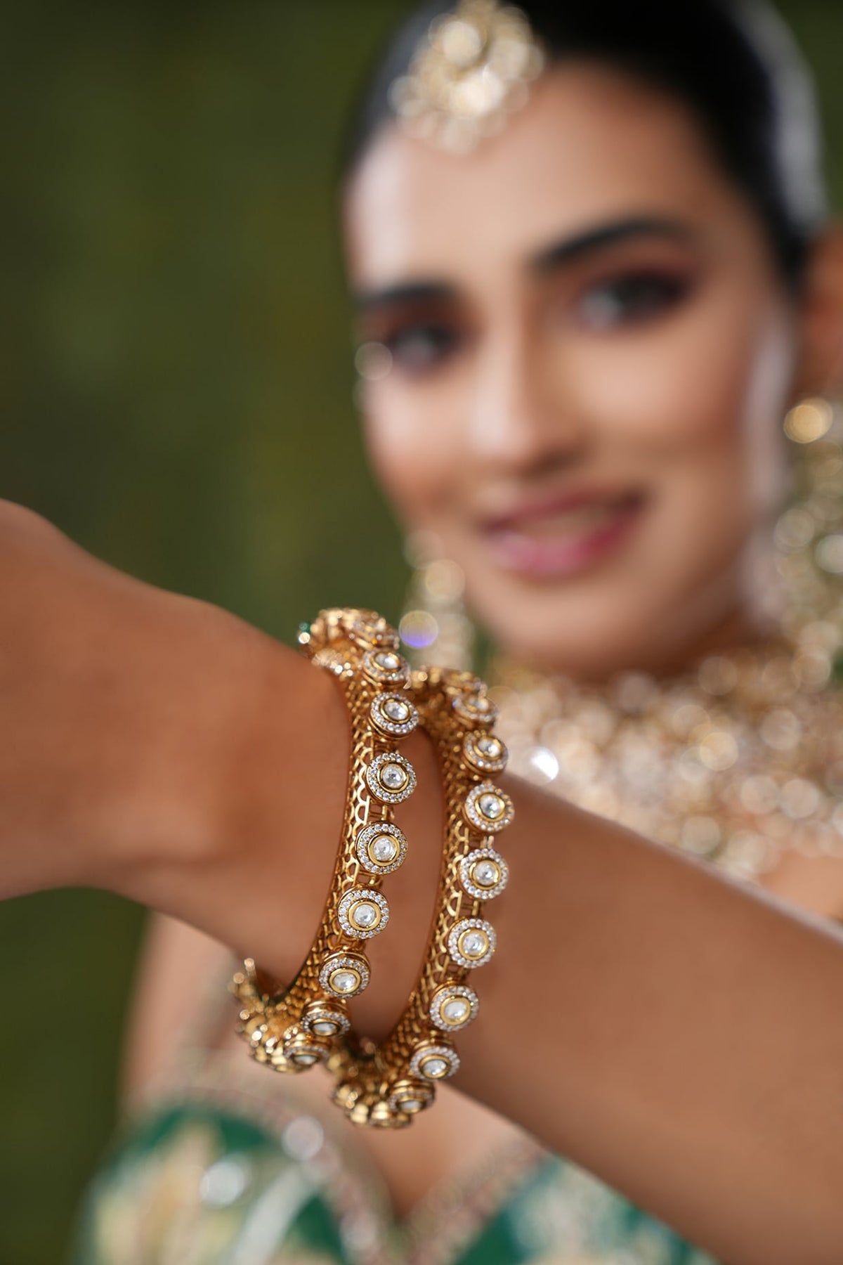 Gold Finish Kundan Polki & Pearl Bangles (Set Of 2)