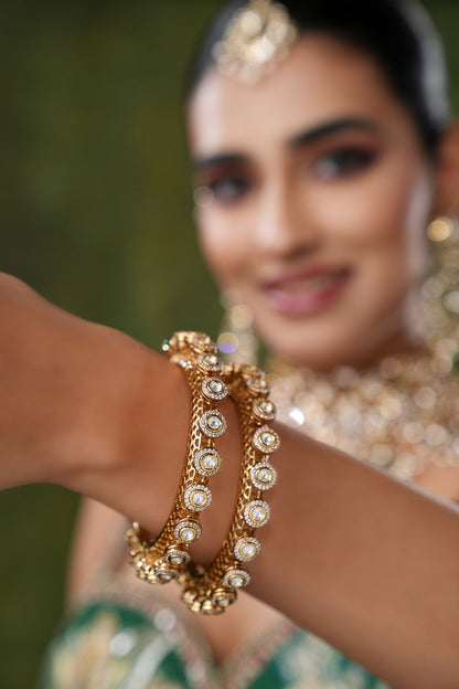 Gold Finish Kundan Polki & Pearl Bangles (Set Of 2)
