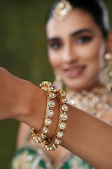 Gold Finish Kundan Polki & Pearl Bangles (Set Of 2)