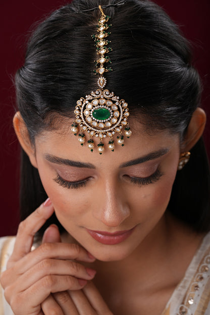 Gold Finish Kundan Polki & Green Stone Maangtikka