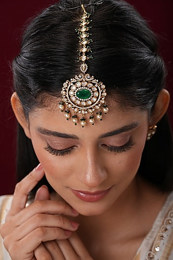 Gold Finish Kundan Polki & Green Stone Maangtikka