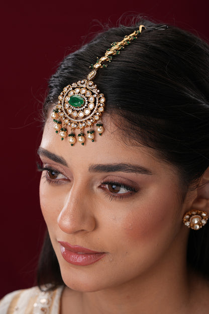 Gold Finish Kundan Polki & Green Stone Maangtikka