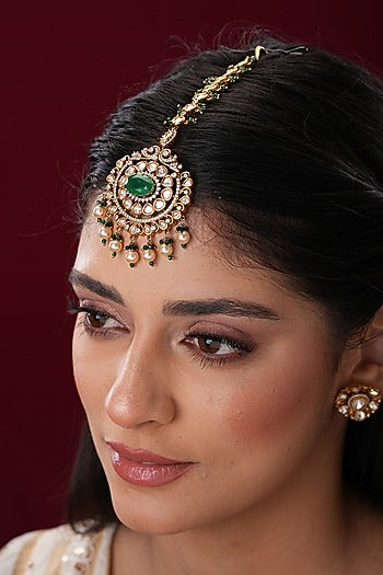 Gold Finish Kundan Polki & Green Stone Maangtikka