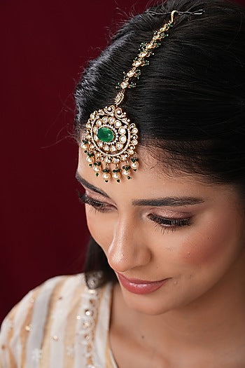 Gold Finish Kundan Polki & Green Stone Maangtikka