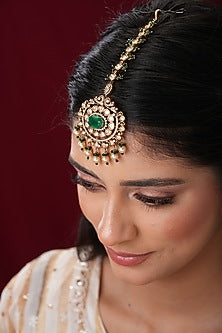 Gold Finish Kundan Polki & Green Stone Maangtikka