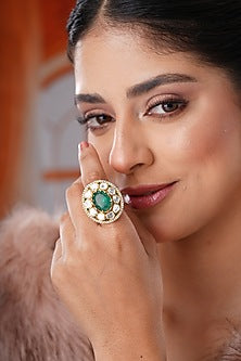 Gold Finish Kundan Polki & Green Stone Handcrafted Ring
