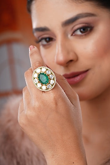 Gold Finish Kundan Polki & Green Stone Handcrafted Ring