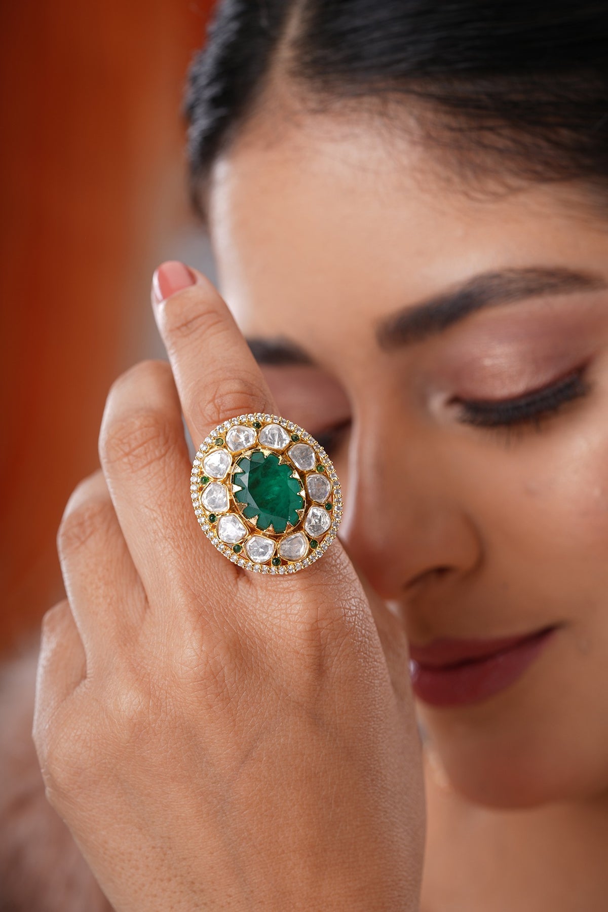 Gold Finish Kundan Polki & Green Stone Handcrafted Ring