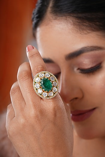 Gold Finish Kundan Polki & Green Stone Handcrafted Ring