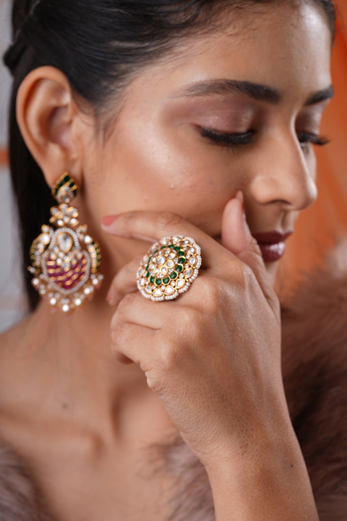 Gold Finish Kundan Polki & Green Stone Ring