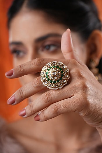Gold Finish Kundan Polki & Green Stone Ring