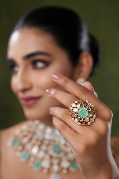 Gold Finish Kundan Polki & Mint Stone Ring
