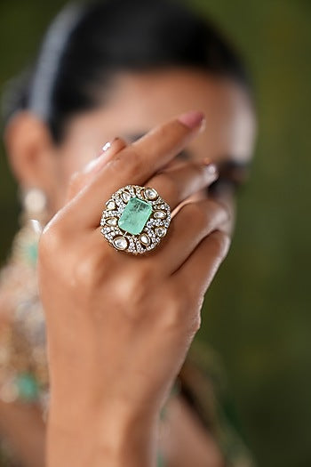 Gold Finish Kundan Polki & Mint Stone Ring