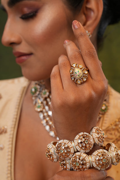Gold Finish Kundan Polki Handcrafted Ring