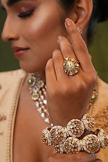 Gold Finish Kundan Polki Handcrafted Ring