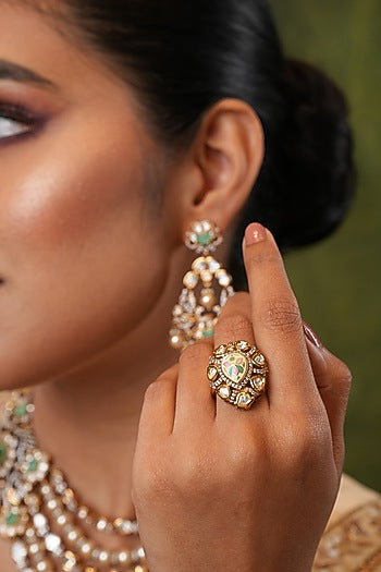 Gold Finish Kundan Polki Handcrafted Ring