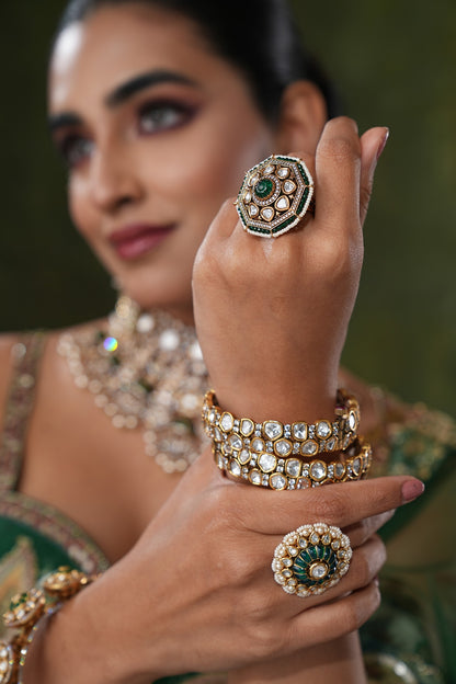 Gold Finish Kundan Polki & Green Stone Ring