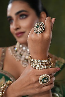Gold Finish Kundan Polki & Green Stone Ring