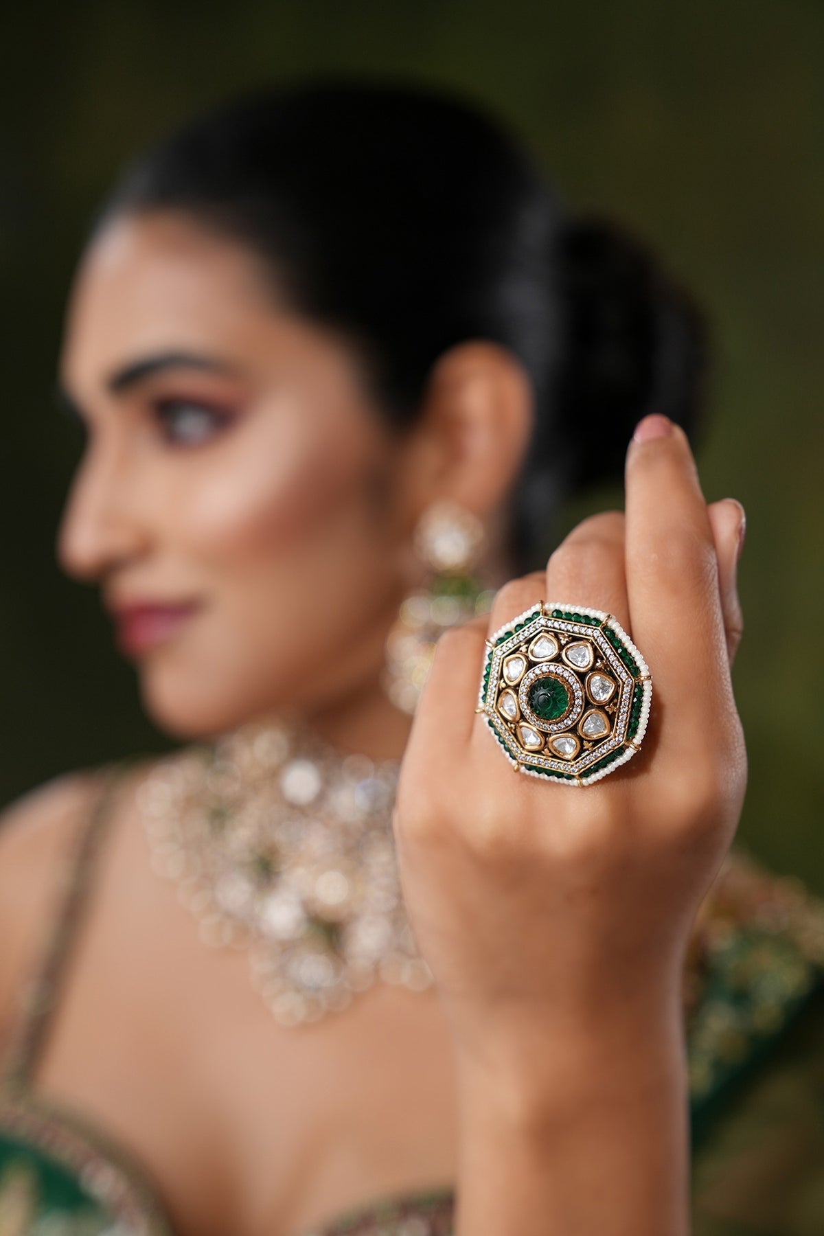 Gold Finish Kundan Polki & Green Stone Ring